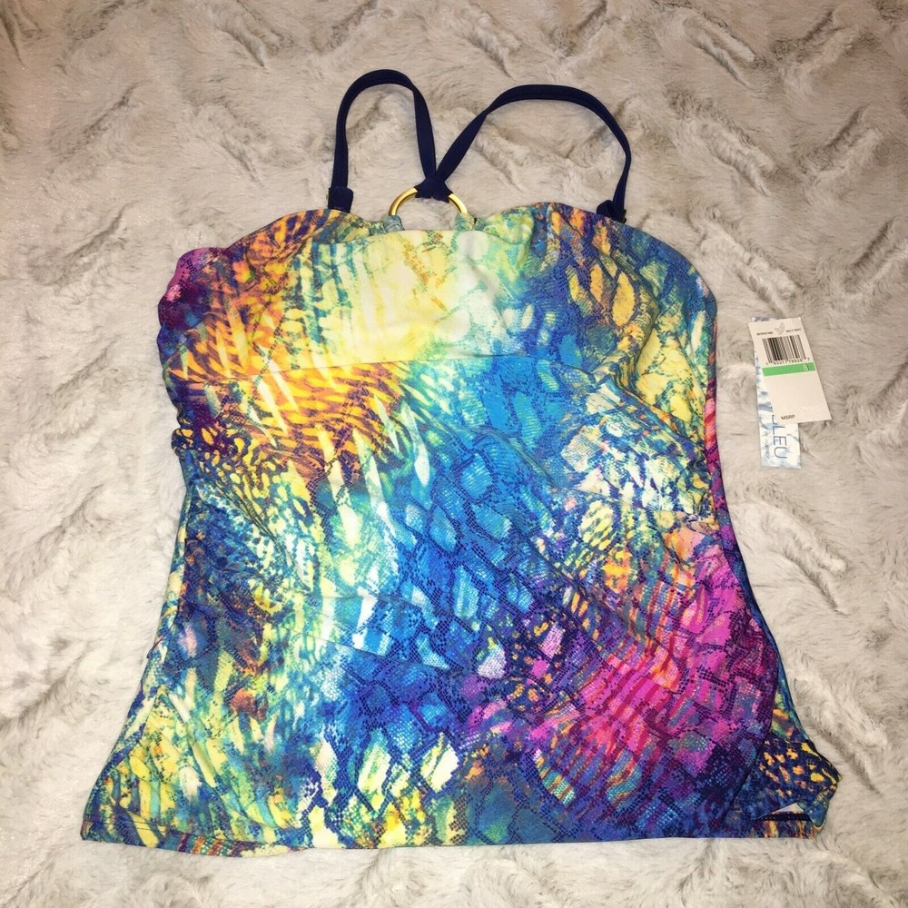 Nwt into the bleu multi color print tankini size 8 summer beach
